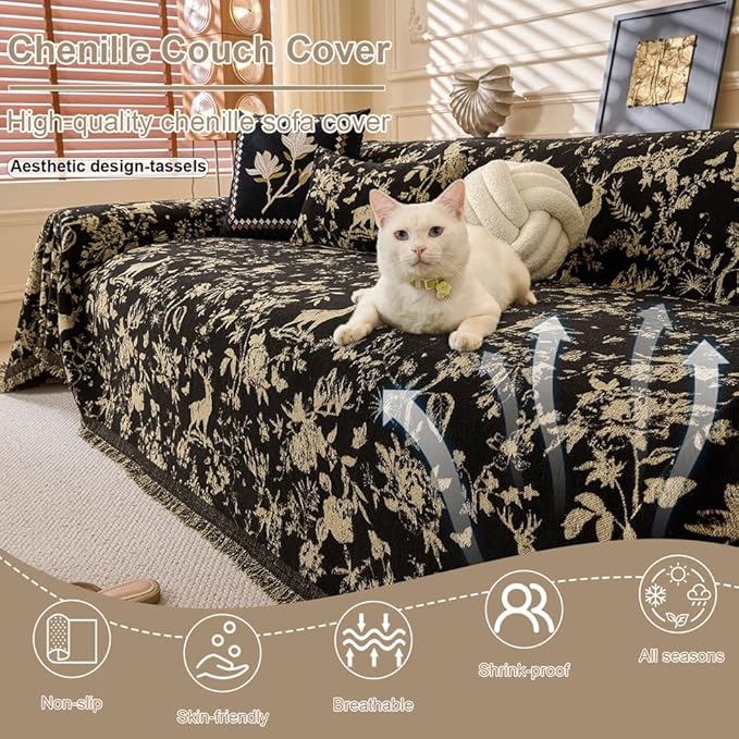 ROOMLIFE Black Sofa Cover, Vintage Boho Couch Cover for 3 Cushion Sofa, Non Slip Soft Chenille Sofa Slipcovers for Dog, Washable Furniture Sofa Protector Cover with Tassel for Living Room, 71''X118”