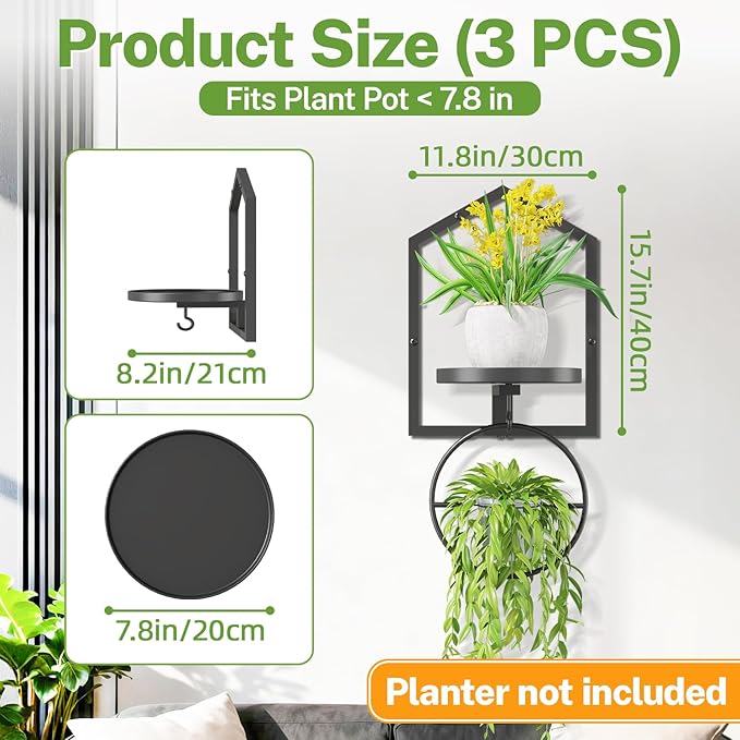 iDavosic.ly Wall Plant Picture Frame Holder Set of 3 for Indoor, Metal Stand with Hanging Hooks, Floating Flower Display Home Decor, Space Saving & Easy to Assemble (Pots/Chains/Plants Not Included)