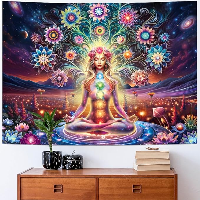 Dermijer Blacklight Seven Chakra Yoga Meditation Tapestry Flower Chakra Tapestries Galaxy Space Planet Tapestry UV Reactive Lotus Spiritual Tapestries Wall Hanging for Home Decor 59.1L x 51.2W