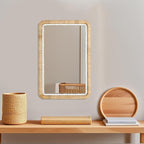 FUIN 30x20 Inch Rattan Wall Mirror with White Bead Trim, Handmade Boho Bathroom Vanity Mirror, Natural Rectangular Hanging Mirror for Bedroom, Living Room, Entryway, Vertical or Horizontal Mount