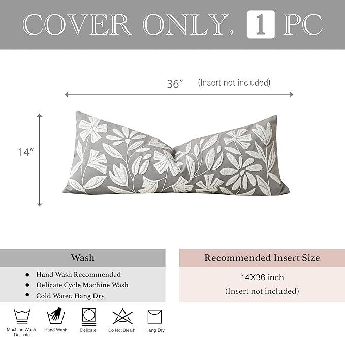 BlissBlush 14x36 Lumbar Pillow Cover for Bed, Light Gray Rectangular Long Throw Pillowcase, Embroidered Velvet Floral Tufted Farmhouse Accent Cushion (Cover Only)