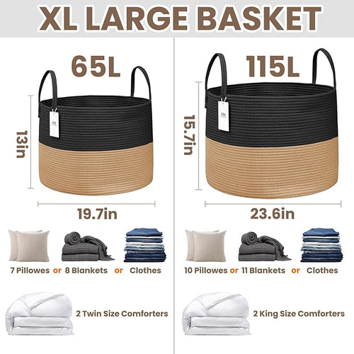 115L Extra Large Blanket Basket for Living Room - Woven Cotton Rope Laundry Hamper with Reinforced Handles - Storage Bin for Pillows, Comforters & Toys - Machine Washable,Black&Jute