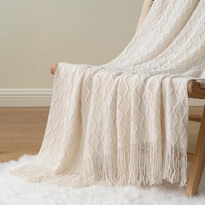 BATTILO HOME Ivory White Throw Blankets for Couch, Off White Lightweight Decorative Blankets and Throws, Boho Warm Knit Blanket for Men and Women, 50"x60"