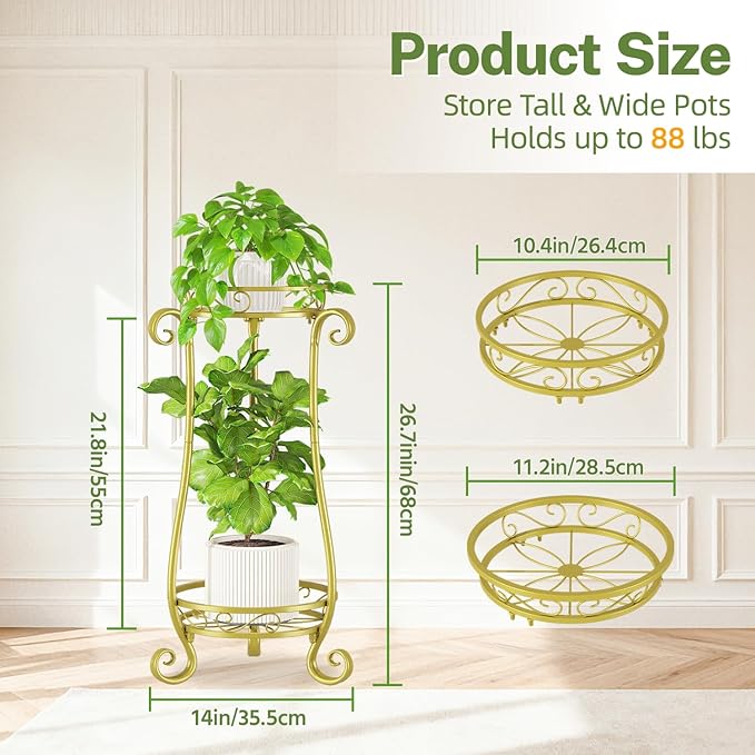 iDavosic.ly 2 Tier Metal Plant Stand Indoor Outdoor, Iron Corner Tall Flower Pot Holder Shelf, 27 Inch Vertical Heavy Duty Display Rack for Patio Porch Living Room Garden, Gold