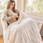 NEWCOSPLAY Super Soft Twin Blanket Ivory Premium Silky Flannel Fleece 3D Ribbed Jacquard Lightweight Bed Blanket All Season Use (Ivory Ribbed, Twin(60"x80"))