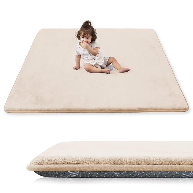 1.3" Thick Baby Play Mat for Floor, 79x79 Playpen Mat, Pro Soft Flannel Foam Mats Toddler Infant Kids Crawling for Nursery Rug Playroom Living Room Waterproof Easy Care Non-Slip (Beige)