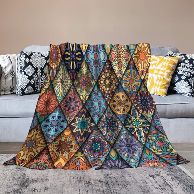 Vintage Bohemian Throw Blanket Colorful Mandala Indian Pattern Blanket for Sofa Bed Couch Chair Or Dorm 70"x80"
