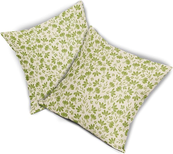 Lime Green Floral Pillow Covers 16x16 Set of 2 Vintage Rustic Old Style Cute Small Flower Green Cream Print Decorative Outdoor Pillowcases Farmhouse Throw Cushion Case Decor for Couch Sofa Bed
