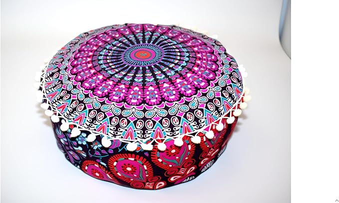 CRAFT KALA Pink Peacock Large Hippie Mandala Meditation Floor Ottoman Pillow Cushion Pouf Cover Square Poufs Bohemian Circle Floor Cushion Case Outdoor Fireplace Yoga Living Room Decor Cover 24" Round