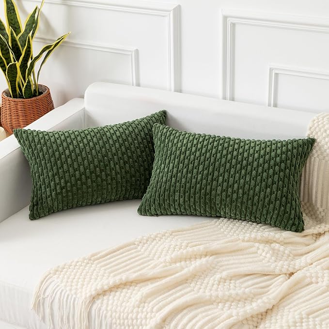 Kevin Textile Spring 12x20 Inch Pillow Cover 1 Pack Boho Decorative Soft Striped Corduroy Lumbar Farmhouse Solid Color Accent Rectangle Cushion Case for Living Room Couch Sofa Bed, Moss Green