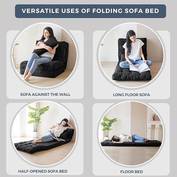 MAXYOYO Folding Sofa Bed, Tufted Bean Bag Bed with Pillows Floor Mattress for Adults, Extra Thick and Long Floor Sofa, Single Couch for Bedroom Living Room, Black, 30x91 Inch