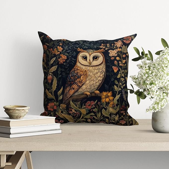 YOU FOUND ME William Morris Abstract Vintage Floral Velvet Owl Design Throw Pillow Covers Home Decor, Retro Art Decor Pillowcase Cushion Cover for Bed Sofa Living Room, Square 18x18inch (Brown-Owl)