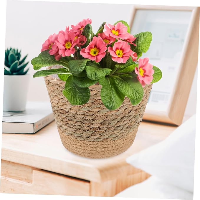 Straw Woven Plant Basket with Flat Base Handmade Flower Pot Holder for Indoor Home Decor Living Bedroom Office Use Natural Boho Style Woven Design