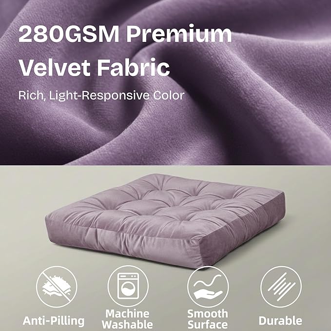 Meditation Floor Pillow Set of 2, Large Velvet Floor Pillows for Sitting, Tufted Floor Seating Cushions for Adults, Big Pillows for Yoga & Living Room, 22x22 Inch, Lavender
