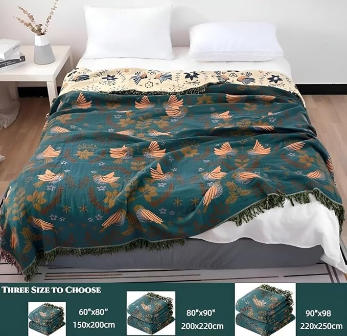 Boho Blanket for Bed 100% Cotton Bohemian Throw Blankets Ultra Soft Woven Muslin Decorative Blankets All Seasons Vintage Quilt Knitted Blanket for Sofa Chair(Blue, 60"x80")