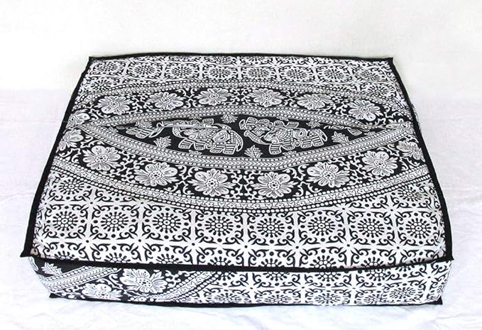 Black White Elephant Flower Mandala Mandala Barmeri Large Floor Pillow Cover Cushion Meditation Seating Ottoman Throw Cover Hippie Decorative Zipped Bohemian Pouf Ottoman Cases 24 " square