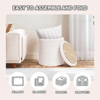 PINPLUS Round Storage Ottoman Foot Rest Stool with Tray Velvet Sherpa Folding Storage Ottoman,Boucle Foot Rest for Living Room, Bedroom, Dorm（White）