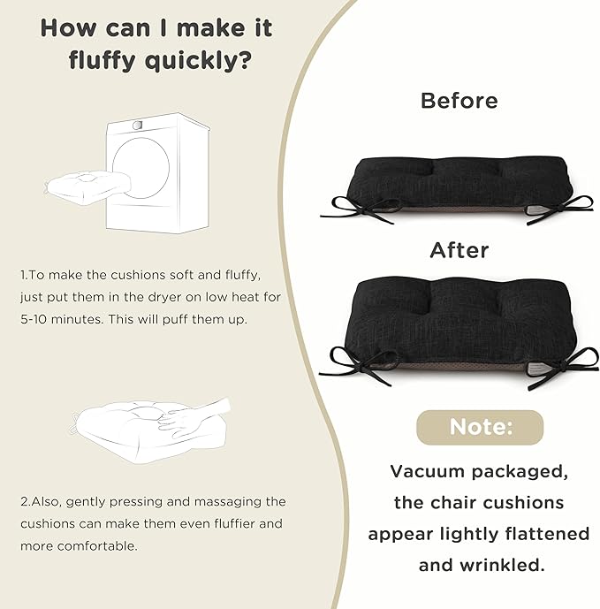 AddGrace Chair Cushions for Dining Chairs Set of 4 Kitchen Seat Cushions with Ties and Non Slip Backing Tufted Indoor Seat Pad for Kitchen Dining Room 18" x 17" x 3" Black