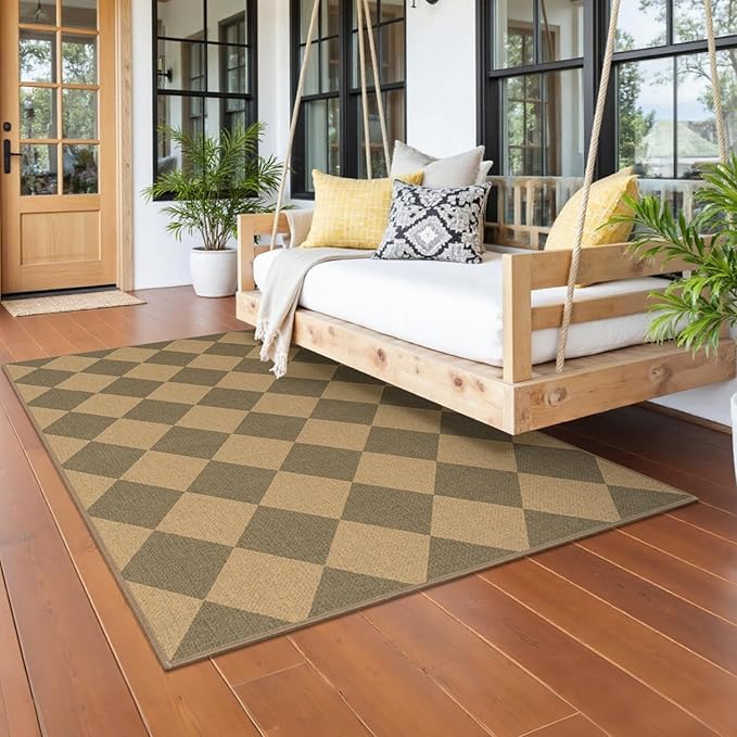 Lessymo Checkered Entryway Rug 3x5, Easy Jute Washable Area Rugs for Living Room Outdoor Patio, Non Slip Indoor Door Mat Farmhouse Neutral Carpet for Guestroom Foyer Backyard, Diamond Brown/Beige