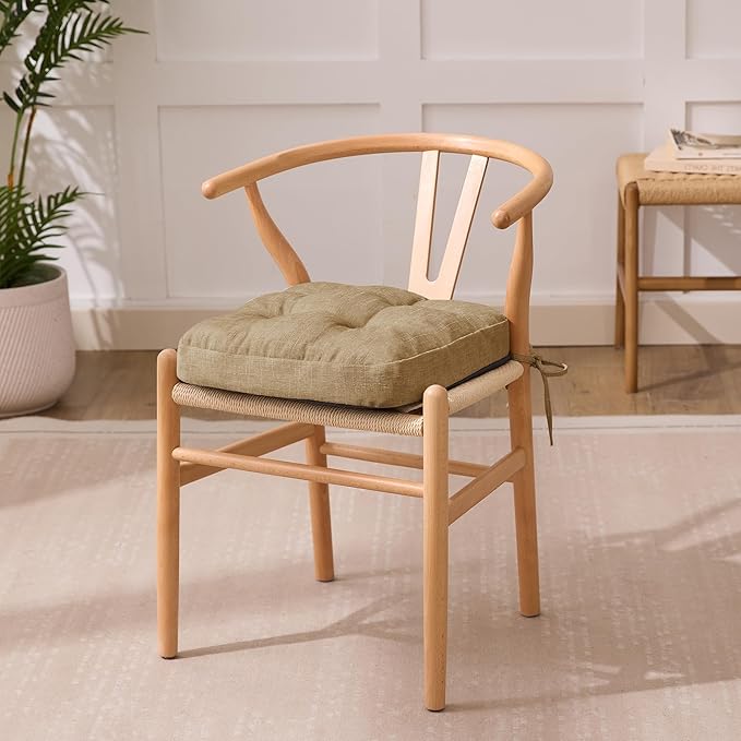 Chair Cushions for Dining Chairs, Dining Chair Cushions, Tufted Indoor Chair Pads with Ties & Non Slip Backing, Seat Cushions for Kitchen Chairs 16.5” x 16.5” x 3.5”, Set of 2, Khaki