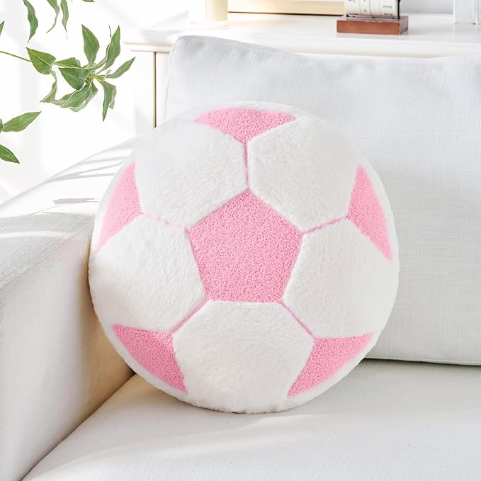 Soccer Pillow,12" Soccer Shaped Pillow Floor Cushion Seating Cushion with Faux Rabbit Fur,Round Soccer Throw Pillow Room Décor for Sofa Couch Living Room (Pink)
