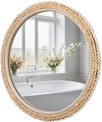 FUIN 24" Rattan and Wood Round Mirror for Boho Bathroom, Entryway, Living Room Decor