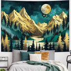 Dermijer Mountain Forest Tree Moon Stars Nature Landscape Wall Hanging Vintage Aesthetic Magic River Wall Tapestry for Bedroom Living Room W59.1×H51.2