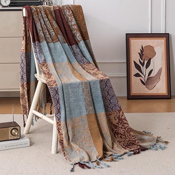 Bohemian Chenille Throw Blanket, Boho Jacquard Tassels Cover for Couch Bed, Decorative Sofa Slipcover Protector - Colorful Tribal Pattern (Vintage, 60 * 75 in)