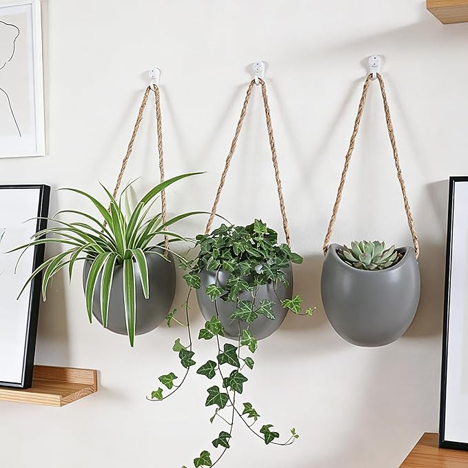 Set of 3 Ceramic Hanging Planters for Small Plants & Artificial Greenery, Wall Decor for Bathroom Living Room Bedroom Home Office Corridors