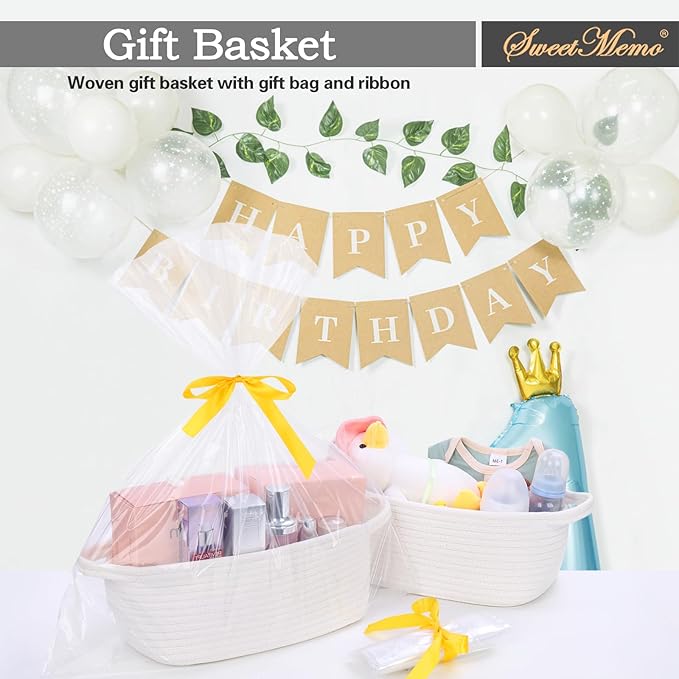 Gift Baskets Empty to Fill 4 Pack, 12x8x5 inch - Small Rectangular Woven Rope Bins for Baby Shower, Bathroom, Decor - With Gifting Wrap Bags & Ribbons - Reusable, Washable - White
