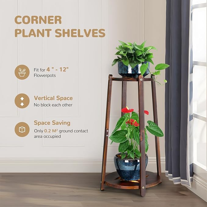 2 Tier Round Plants Stand Pedestal Indoor ,Wood Single Plant Shelf Corner,12 Inch Plant Pot Holder Rack ,Tall Flower Stands Shelves for Living Room Patio Balcony Outdoor,Rustic,Walnut