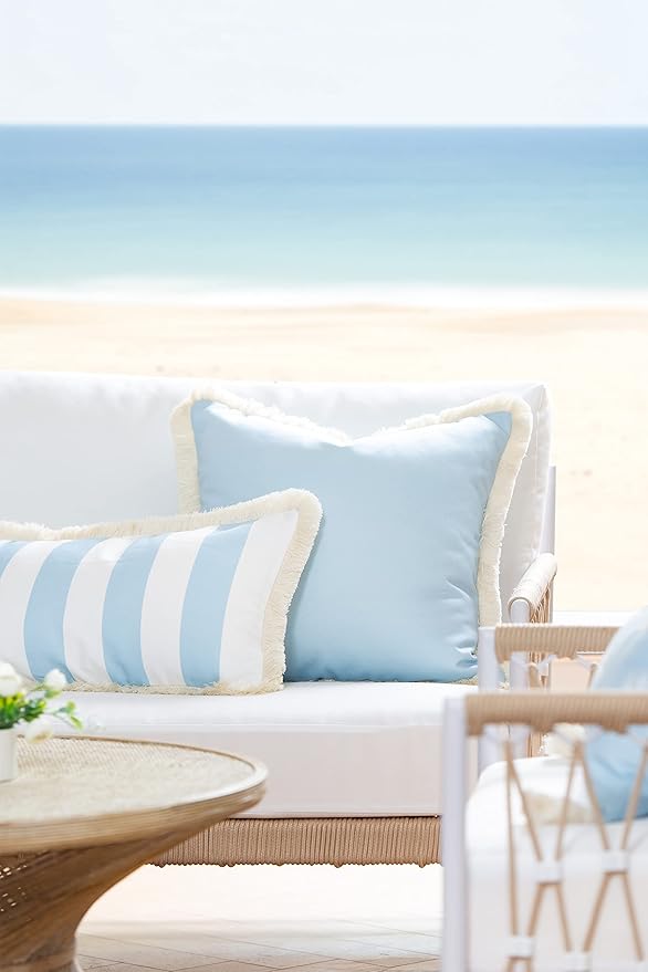 Hofdeco Premium Coastal Hampton Style Patio Indoor Outdoor Pillow Cover Only, 20"x20" Water Resistant for Backyard, Couch, Solid Baby Blue White Fringe