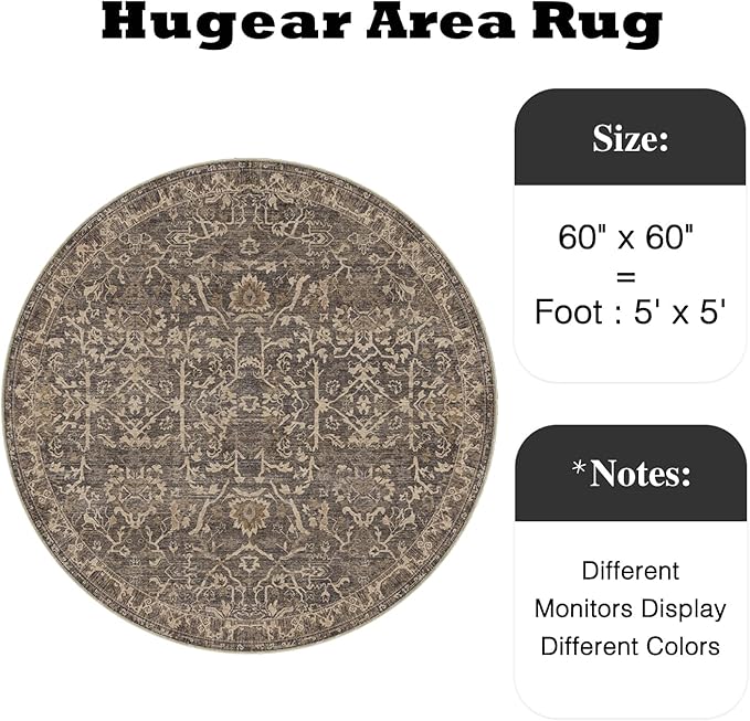 HUGEAR Round Rug 5ft Entryway Rugs Machine Washable Retro Brown Hallway Area Rug 5x5 Small Circle Vintage Rug Floral Low Pile Carpet Soft Throw Rug Living Room Office Laundry Room Entrance Non Slip