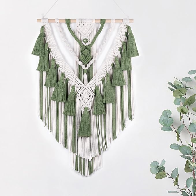 EOBTAIN Green Macrame Wall Hanging Handmade Boho Macrame Wall Decor with Yarn Tassel Bohemian Tapestry Woven Wall Art for Living Room Bedroom Home Apartment Nursery Dorm Decorations,16" W x 26" L