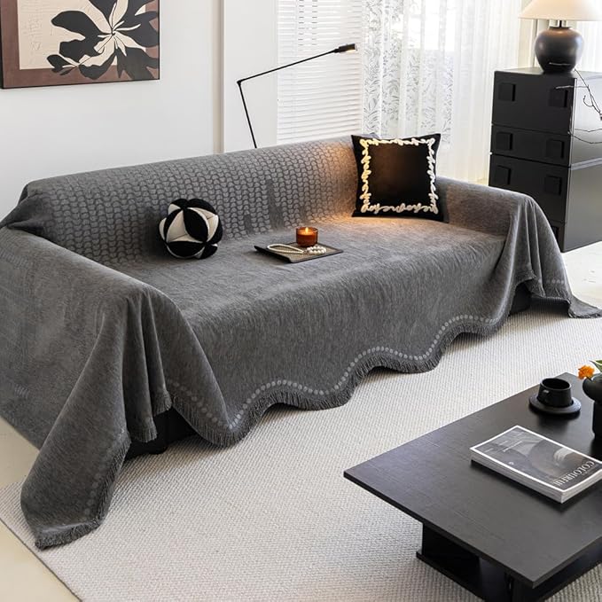 ROOMLIFE Gray Couch Cover Boho Sofa Covers for 3 Cushion Couch Washable, Furniture Protector Sofa Couch Cover for Dogs, Soft Chenille Sofa Slipcover, Couch Throw Blankets with Tassels 71 '' X 150''