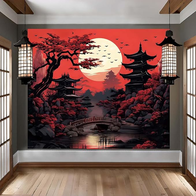 Atrippy Anime Wall Tapestry for Bedroom Aesthetic, Large Black Red Japanese Forest Moon Wall Art Decor Tapestries Wall Hanging, Vintage Dark Nature Mountain Landscape Backdrop for Living Room 60"X79"