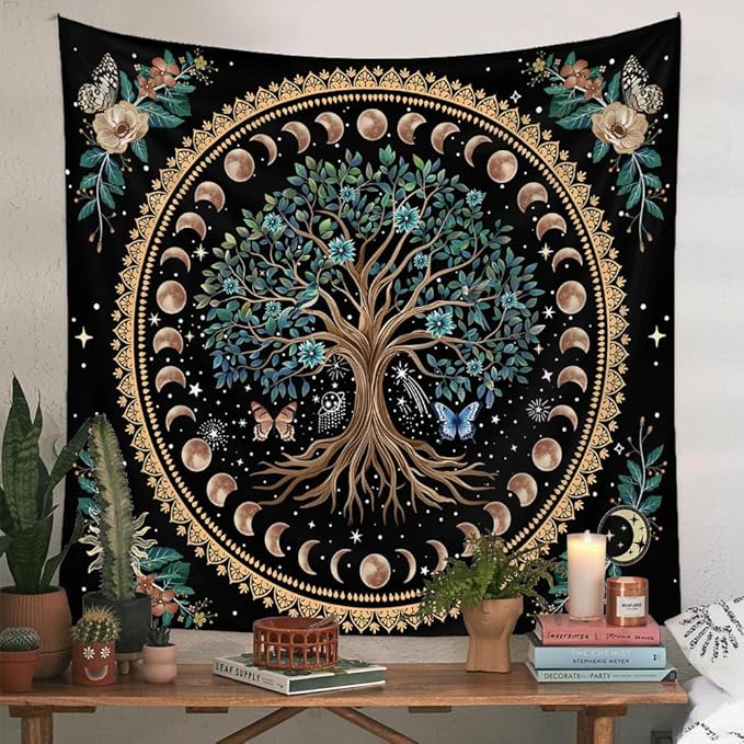Jhdstore Moon Phase Tree of Life Tapestry Mandala Tapestry for Bedroom Aesthetic Celestial Decor Boho Spiritual Tapestries Wall Hanging Living Room Decor 36"x48"