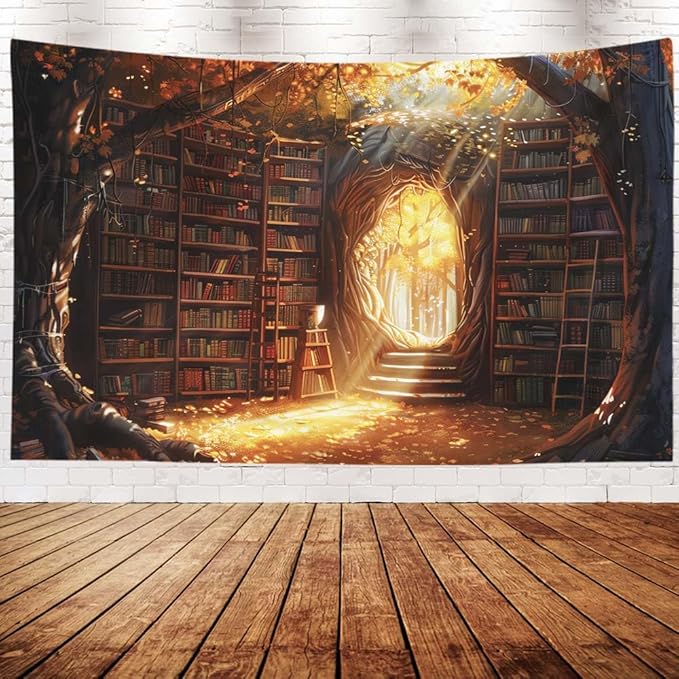 EMMTEEY Enchanting Library Vintage Tapestry 92.5X70.9 Inch - Fairytale Bookshelf Wall Decoration Fantasy Medieval Backdrop for Living Room Dorm