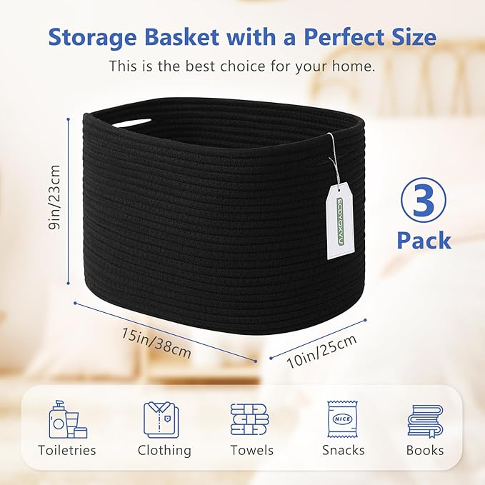 Cotton Rope Storage Basket, 15x10x9 Inches, Woven Basket for Shelves, Clothes, Towels, Books, and Laundry, Black (3 Pack)