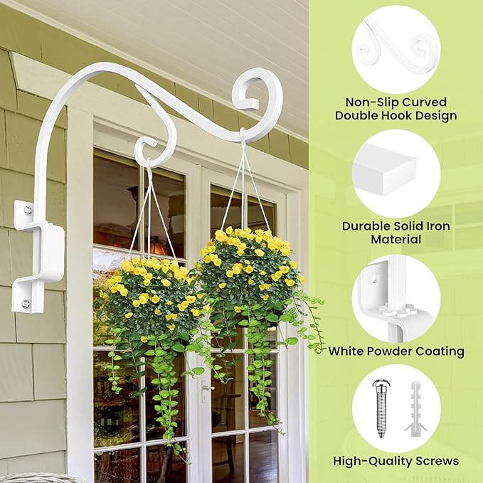 Swivel Plant Hangers Outdoor: 4 Pack 16 Inch Metal Hanging Plant Bracket Bird Feeder Wall Hooks Heavy Duty Plant Hangers Indoor Wall Mount Plant Hooks for Hanging Baskets, Lanterns, Wind Chimes, White