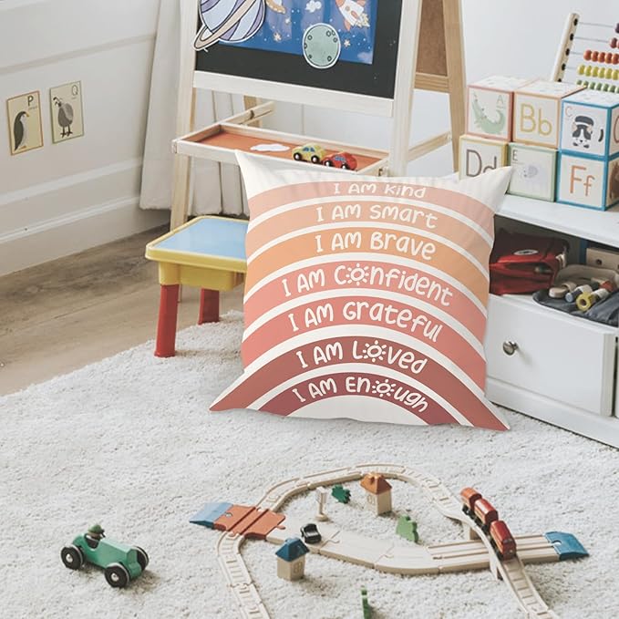 QIYUHOY Orange Kids Rainbow Classroom Throw Pillow Covers, Reading Nook Calming Corner Playroom Decor Pillow Case, Orange Play Room Throw Pillow Cover Decor for Girls Boys Room, 18x18 Inch