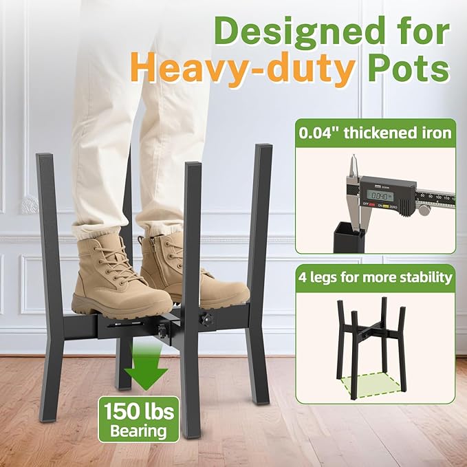 iDavosic.ly Adjustable Plant Pot Stand 2 Pack Indoor Outdoor, Metal Short Single Flower Holder Fits 8 to 12 Inch Large Heavy Duty Planter (Not Included) | Modern Black
