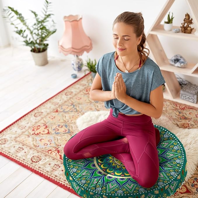 Mandala Meditation Cushion, Boho Meditation Mat, Meditation Pillows for Sitting on Floor, Cushions for Sitting in Home and Outdoor, Round Floor Pillows Cushion Seating for Yoga Accessories 22'' X 22''