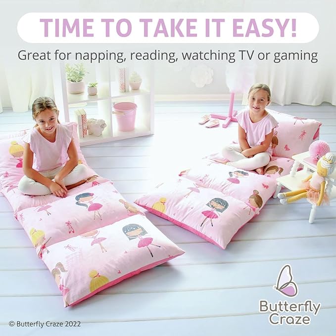 Butterfly Craze Floor Pillow Case - Lounger Support & Guest Bed Setup - Machine Washable Cover for Studio Apartment Essentials - Adjustable Floor Seating for Kids & Adults - Queen, Pink Ballerina