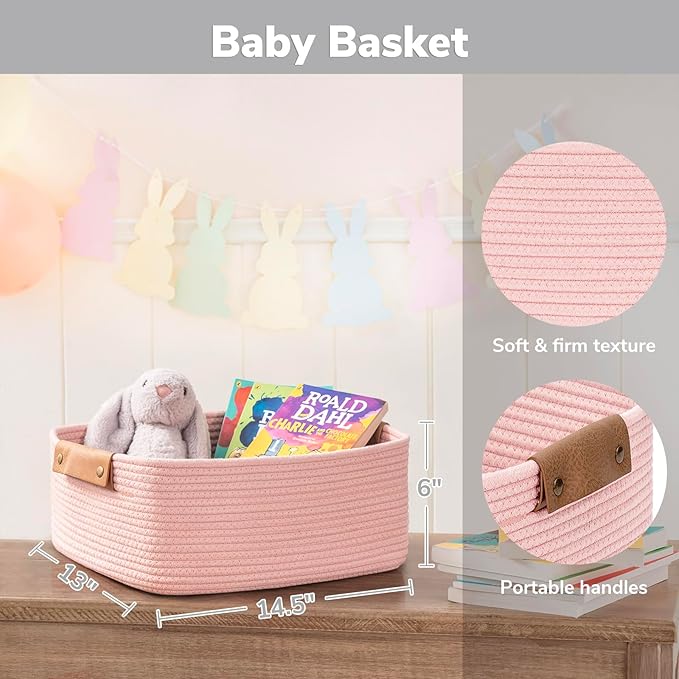 CHICVITA Pink Storage Baskets for Organizing, Gift Basket for Toys, Baby Basket for Diapers, Decorative Woven Baskets for Storage for Living Room, 14.5" x 13" x 6"