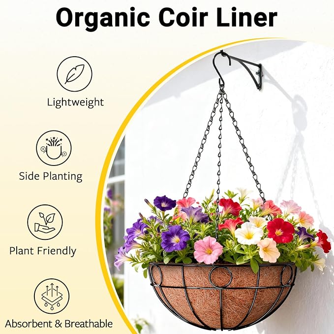 ZeeDix 2 Pack 14 Inch Metal Outdoor Plant Hanging Baskets, Round Wire Planter Basket with Coco Coir Liner, Large Hanging Flower Pots for Outdoor Garden Yard Patio Porch Balcony Decor