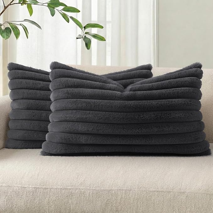 Pallene Faux Fur Plush Lumbar Throw Pillow Covers 12x20 Set of 2, Luxury Soft Fluffy Striped Decorative Pillow Covers for Sofa, Couch, Living Room, Dark Grey