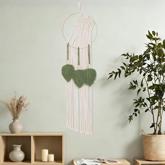 LB Boho Leaf Small Macrame Wall Hanging Green and Beige Hand Woven Cotton Tapestry Wall Art with Wood beads Modern Aesthetic Wall Decor for Home, Bedroom, Living Room