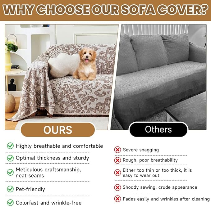 ROOMLIFE Brown Couch Covers for Sofa, Sofa Covers Washable Non Slip Furniture Protector Couch Sofa Covers for 3 Cushion Couch, Breathable Sofa Slipcovers Couch Cover Blanket with Tassels 71" X 134"