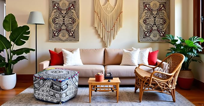 CRAFT KALA Square Mandala Floor Pillow Cushion Cover Seating Throw Cover Hippie Decorative Bohemian Ottoman Poufs Cover Pillow Cases Cotton Living Room Home Décor 22X22X14 inch, Black White Elephant